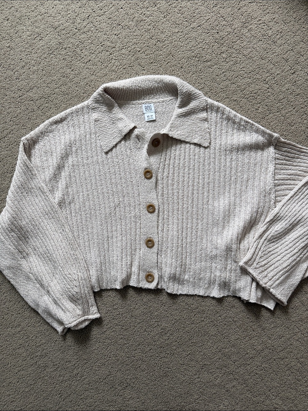 BDG Oatmeal Ribbed Collared Button-Up Cardigan